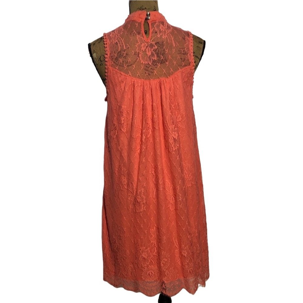 Hint Of Mint L Dress Coral Orange Lace Mock Neck Sleeveless Lined Pretty Work - Picture 4 of 8
